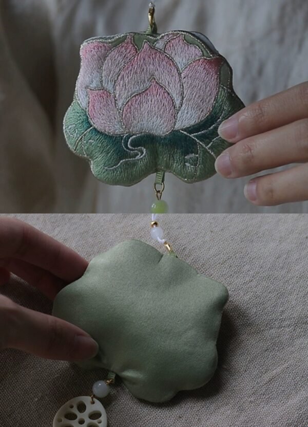 Embroidered lotus flower pouch with jade beads