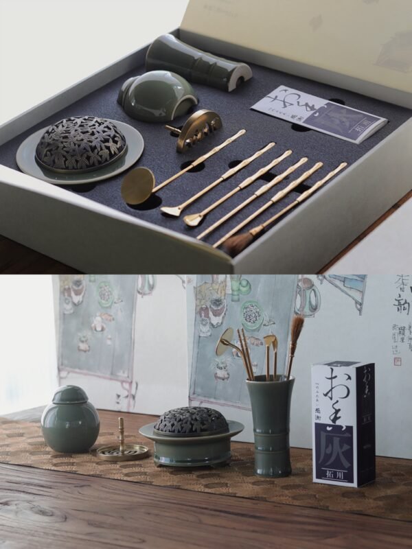 Yue Kiln Celadon incense tools set page, featuring a celadon incense burner and gold tools in a box.