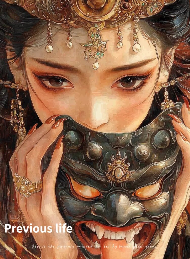 Zaki Lhamo previous life, elegant woman with demon mask, ornate jewelry.