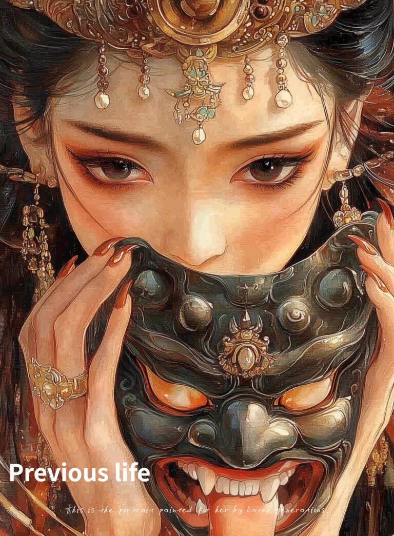 Zaki Lhamo previous life, elegant woman with demon mask, ornate jewelry.