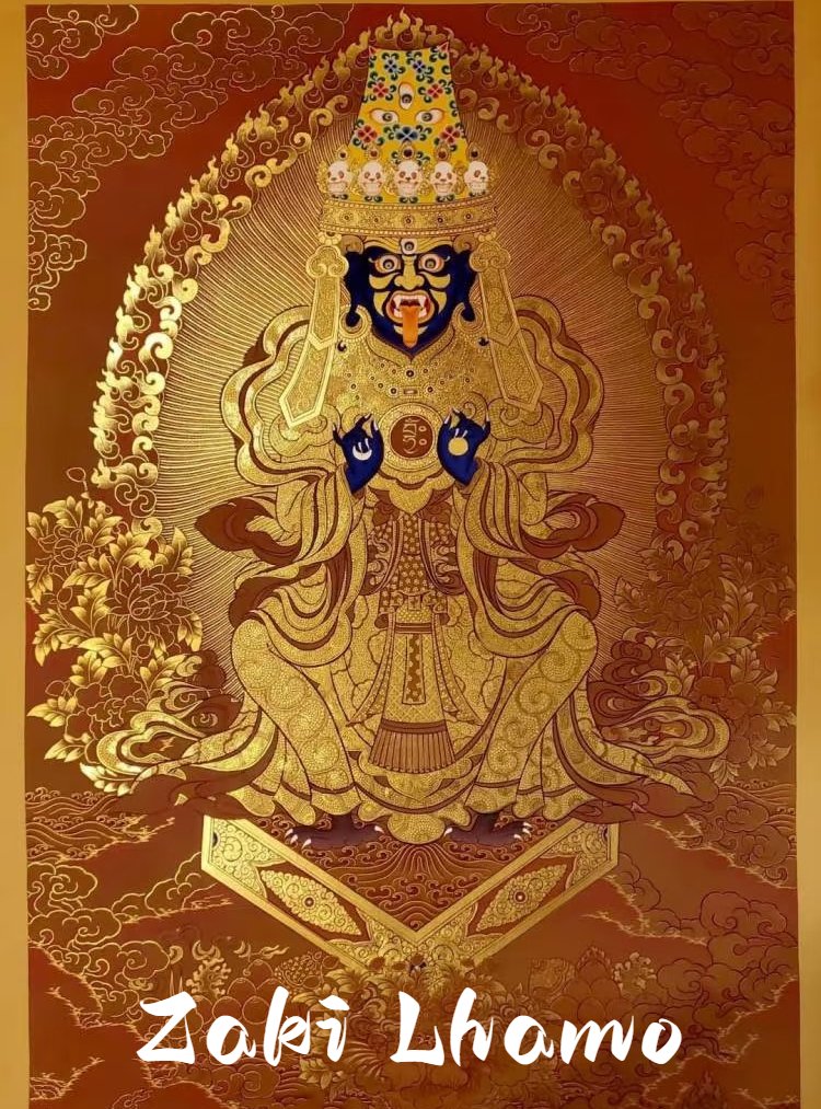 Zaki Lhamo this life statue, fierce deity in Tibetan temple, red and gold