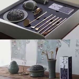 Yue Kiln Celadon incense tools set page, featuring a celadon incense burner and gold tools in a box, displayed on a wooden table with traditional decor, inspired by traditional Chinese herbal incense practices.