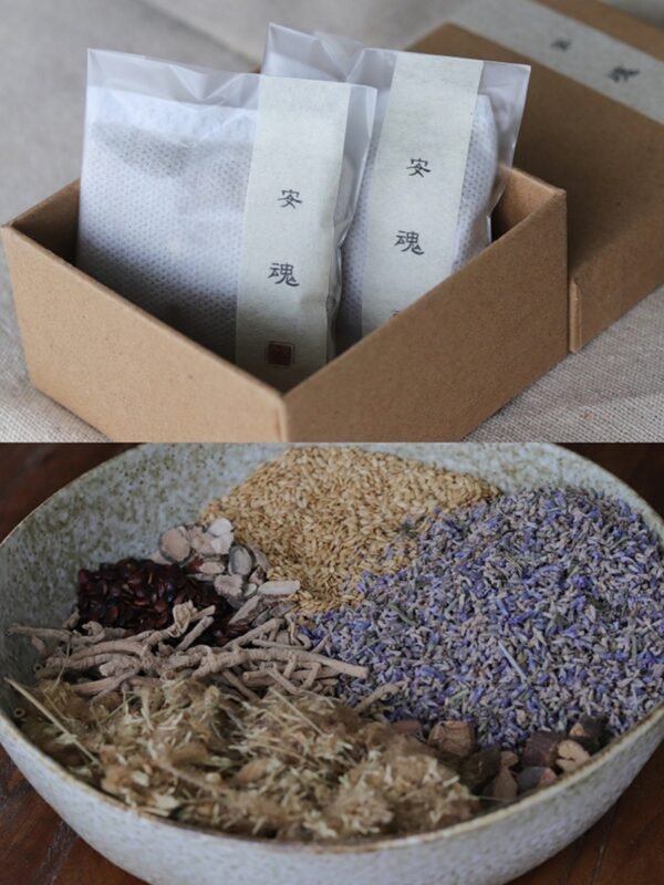 Herbal tea bags and dried herbs in bowl.