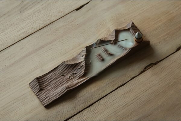 Wooden incense holder with mountain design
