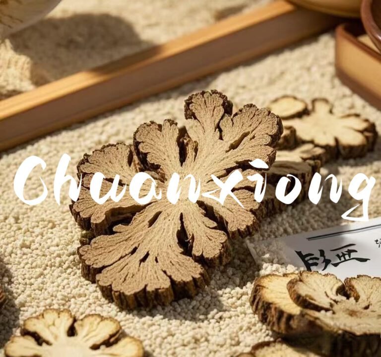 Chuanxiong sliced rhizome on textured surface, TCM label—herbal.