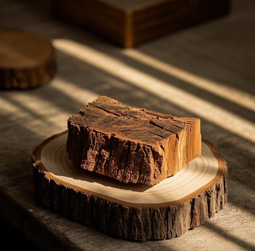 Aged Indian Old Mountain Sandalwood Block on Natural Wooden Display