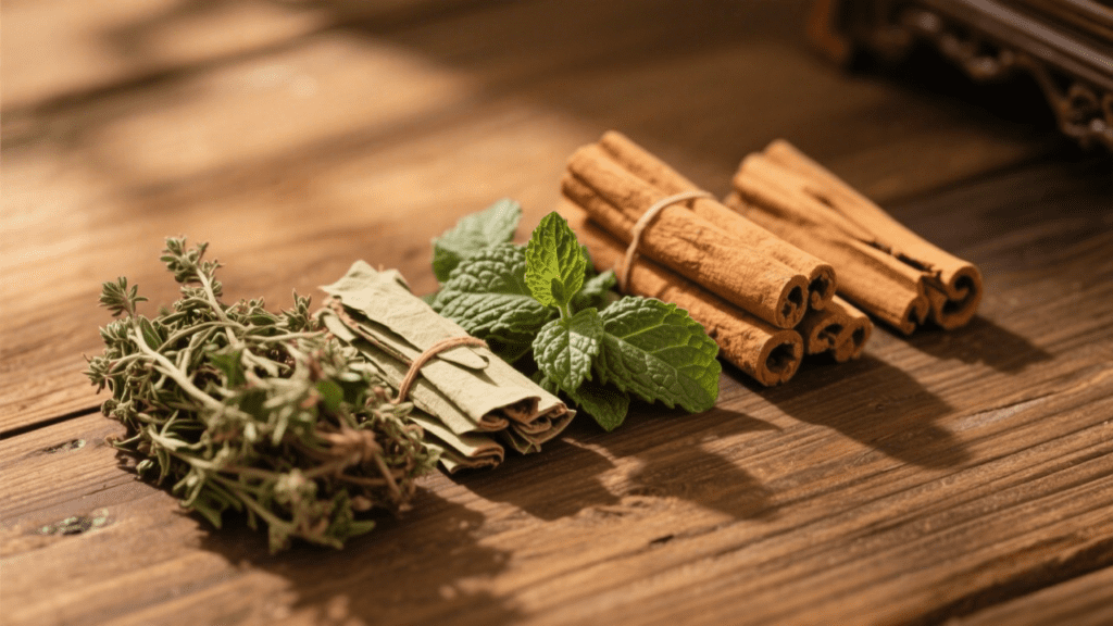 Collection of Chinese medicinal herbs on wooden surface
