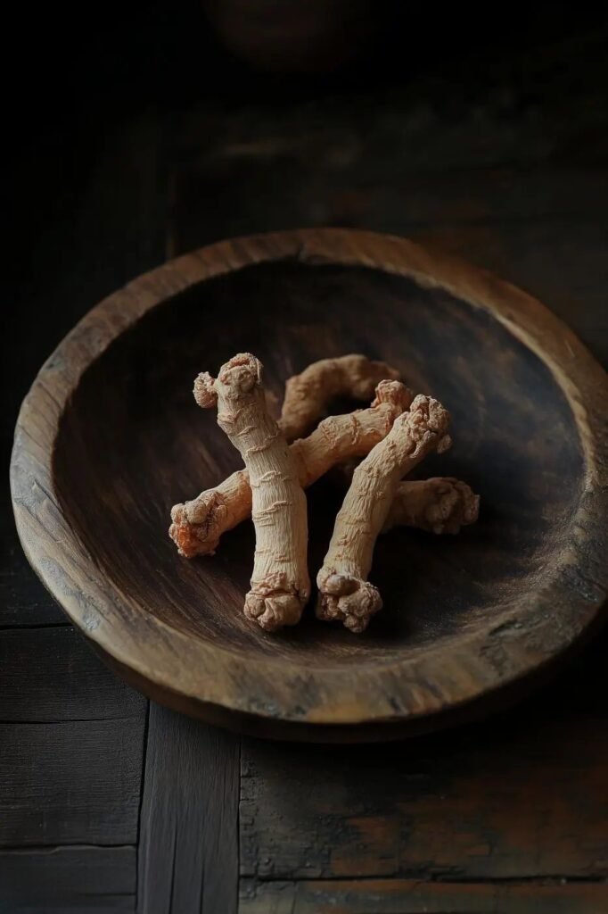 Dried ginseng roots in a wooden bowl