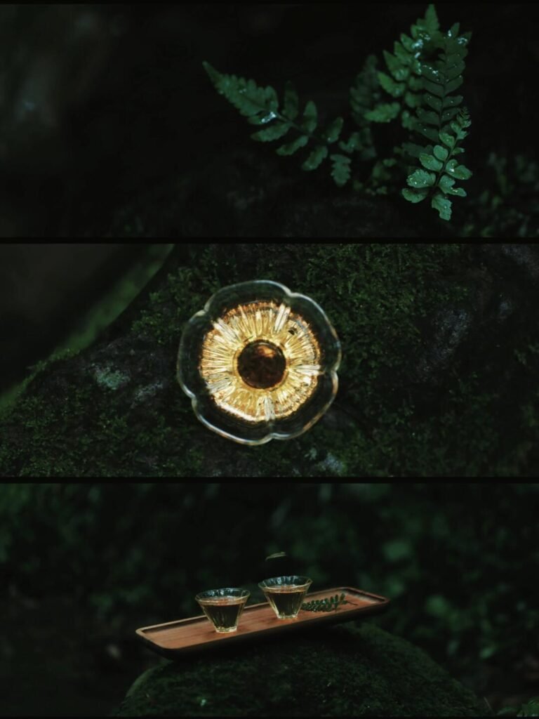 Collage of Ferns, Lotus Glass Ornament, and Tea Tray