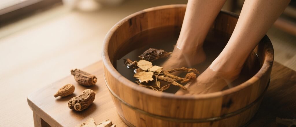 Herbal Foot Bath with Dried Herbs in Wooden Tub