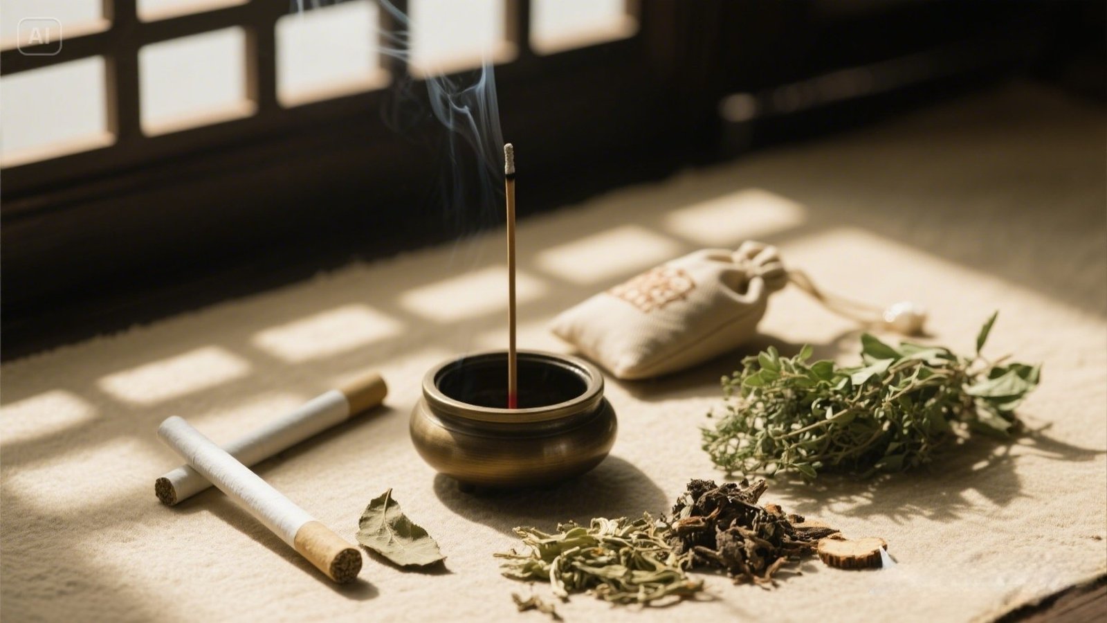 Incense Burner with Herbs and Herbal Sticks Setup