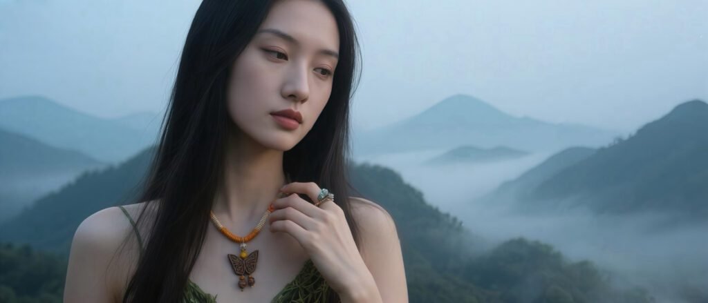 Elegant woman with butterfly necklace in misty Chinese mountains, evoking natural harmony and traditional beauty