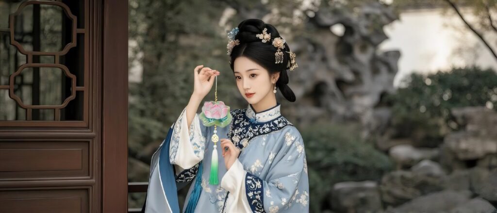 Traditional Chinese Attire with Decorative Sachet in Garden