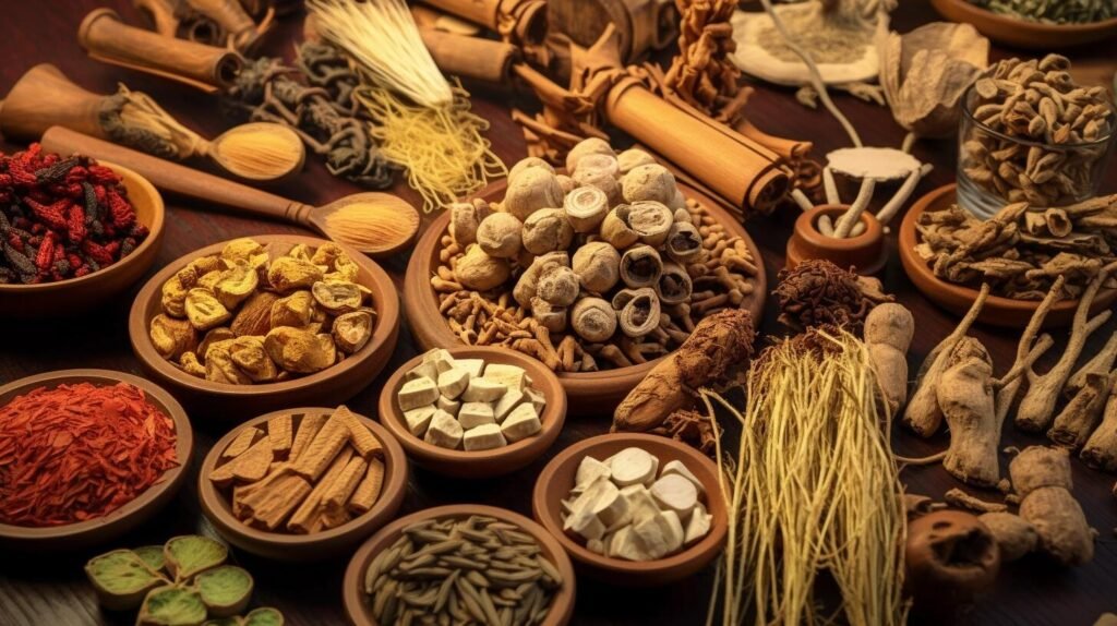 Traditional Chinese Herbs and Spices in Wooden Bowls