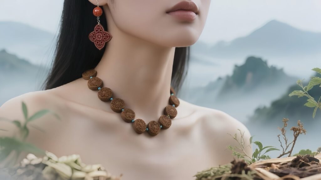 TCM Necklace and Earrings with Misty Mountain Background