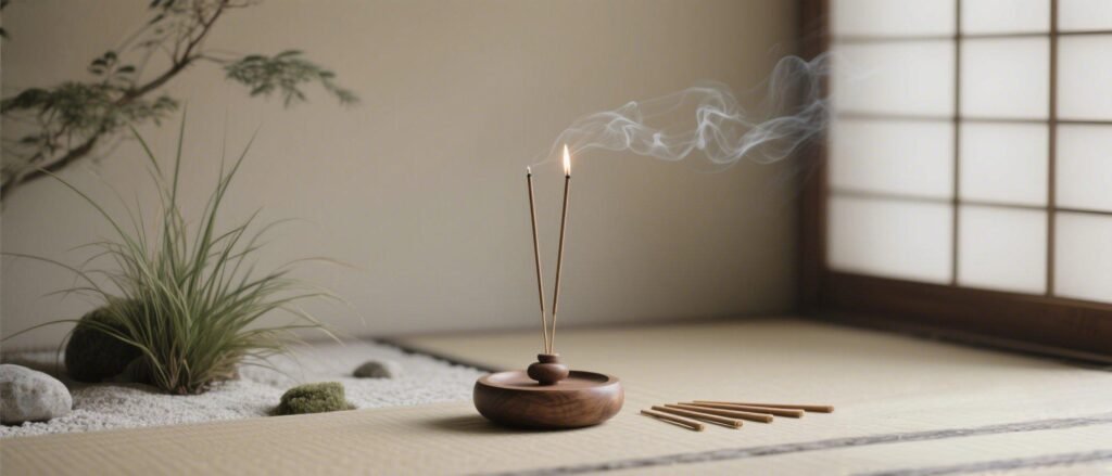 Zen Incense Holder with Lit Sticks and Rock Garden Background