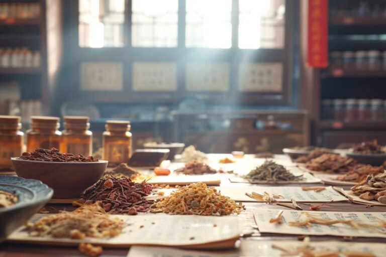 Traditional Chinese medicine herbs displayed on parchment in apothecary