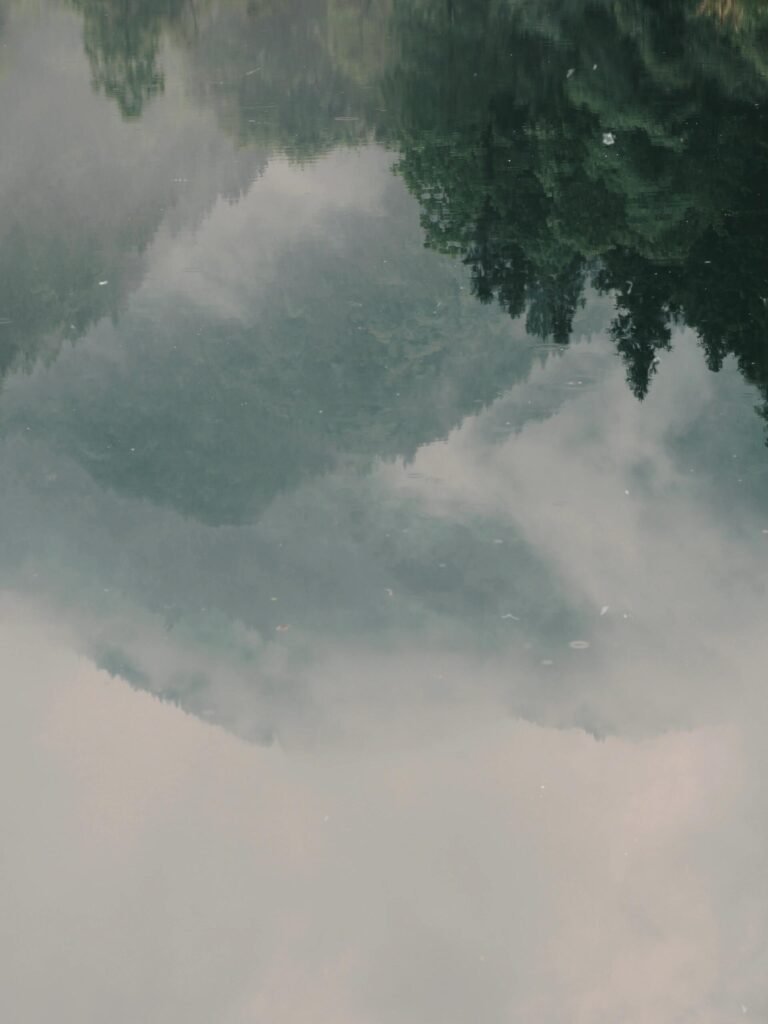 Serene forest and sky reflection on calm lake surface