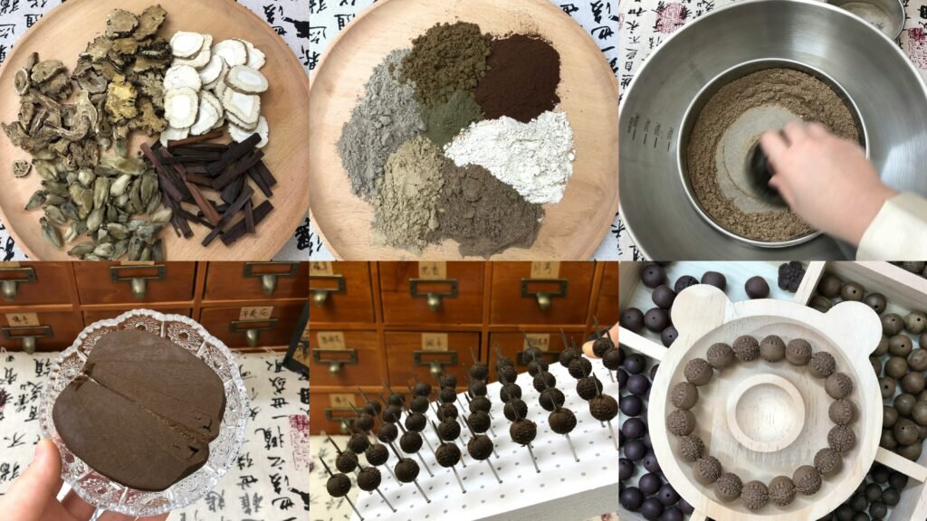 Traditional Chinese herbal medicine balls making process with natural ingredients