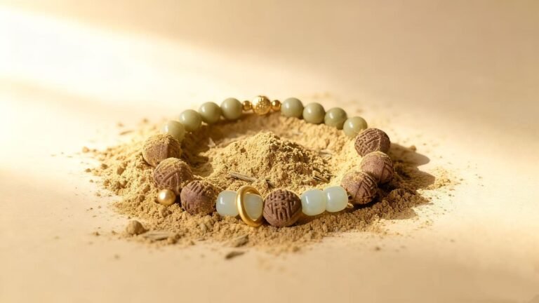 A bracelet made of herbal incense beads resting on natural incense powder