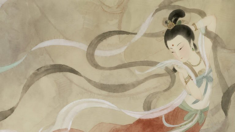 Elegant oriental lady with flowing ribbons in traditional Chinese art style