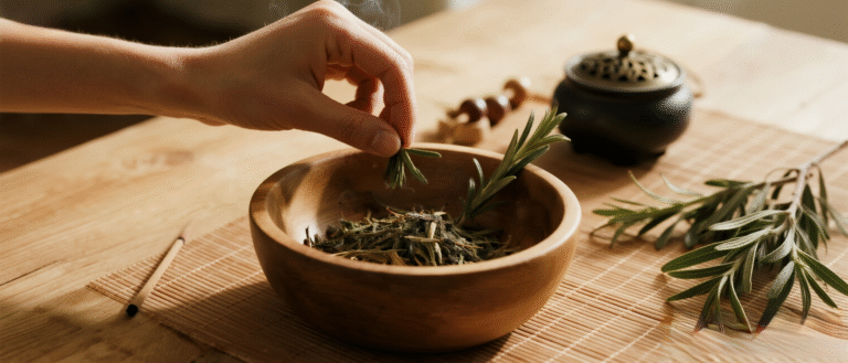 Hand blending dried herbs for aromatherapy and natural healing rituals